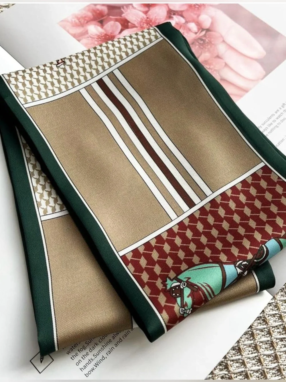 Silk Horse Print Long Scarf in Green and Cream